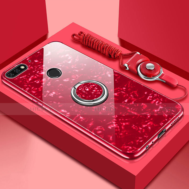 Silikon Schutzhülle Rahmen Tasche Hülle Spiegel mit Magnetisch Fingerring Ständer M01 für Huawei Honor 7A Rot Plus