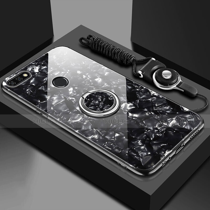 Silikon Schutzhülle Rahmen Tasche Hülle Spiegel mit Magnetisch Fingerring Ständer M01 für Huawei Y6 (2018) groß
