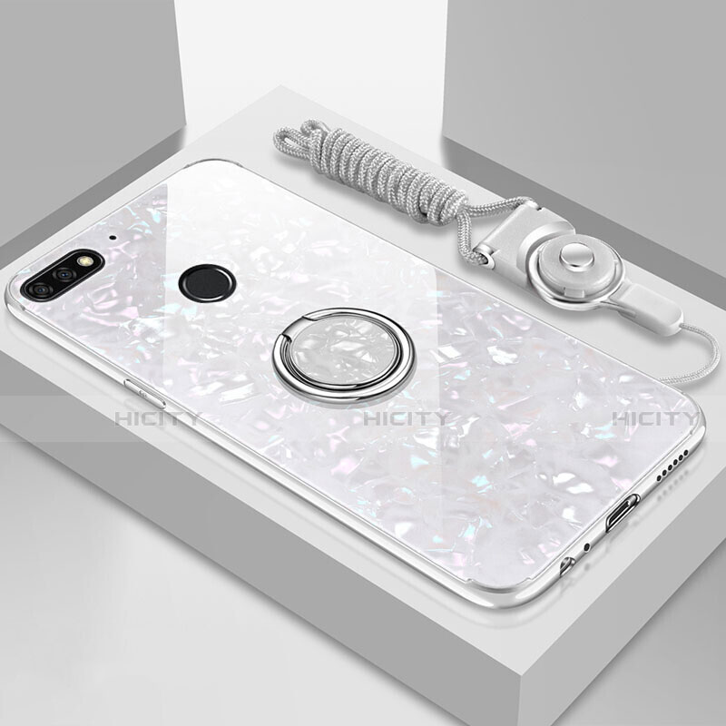 Silikon Schutzhülle Rahmen Tasche Hülle Spiegel mit Magnetisch Fingerring Ständer M01 für Huawei Y6 (2018) Weiß Plus