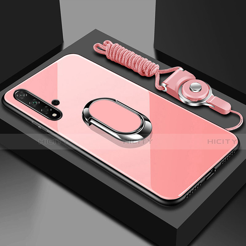 Silikon Schutzhülle Rahmen Tasche Hülle Spiegel mit Magnetisch Fingerring Ständer T01 für Huawei Nova 5 Pro Rosa