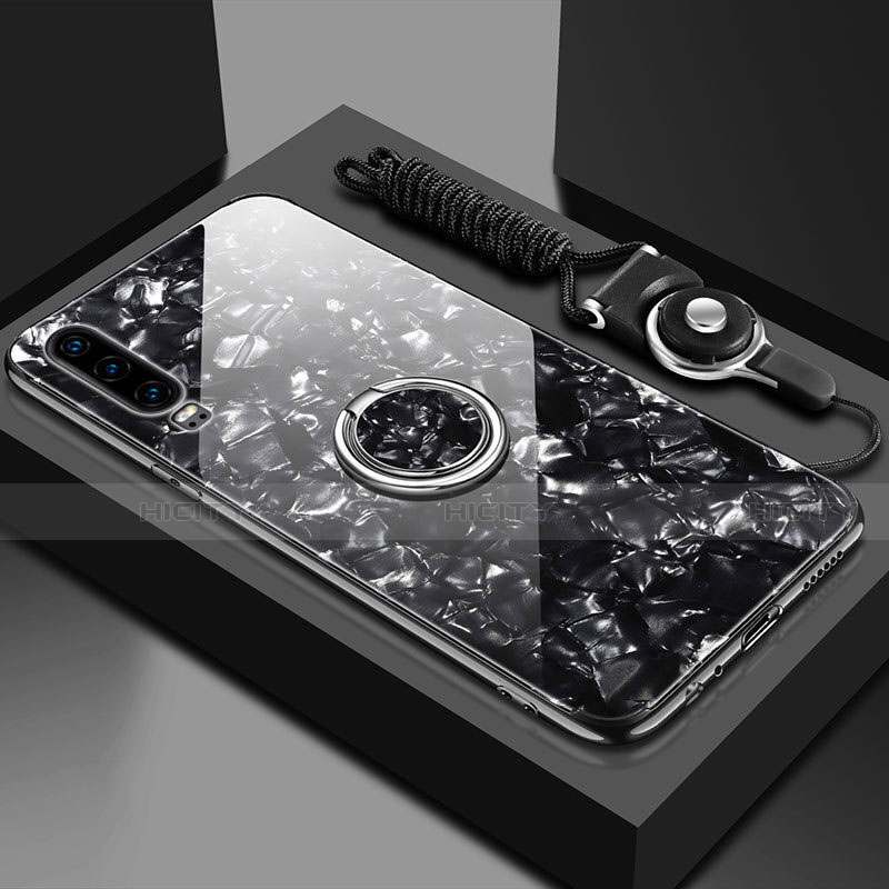 Silikon Schutzhülle Rahmen Tasche Hülle Spiegel mit Magnetisch Fingerring Ständer T01 für Huawei P30 Schwarz Plus