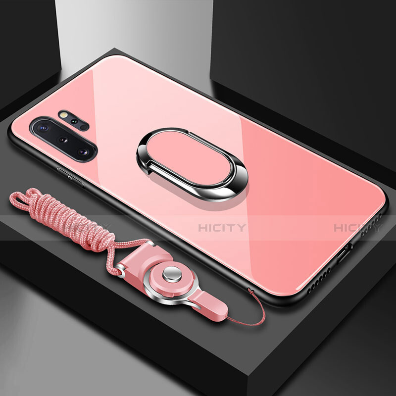 Silikon Schutzhülle Rahmen Tasche Hülle Spiegel mit Magnetisch Fingerring Ständer T01 für Samsung Galaxy Note 10 Plus 5G Rosa Plus