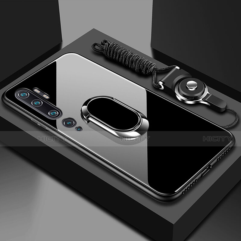 Silikon Schutzhülle Rahmen Tasche Hülle Spiegel mit Magnetisch Fingerring Ständer T01 für Xiaomi Mi Note 10 Schwarz Plus