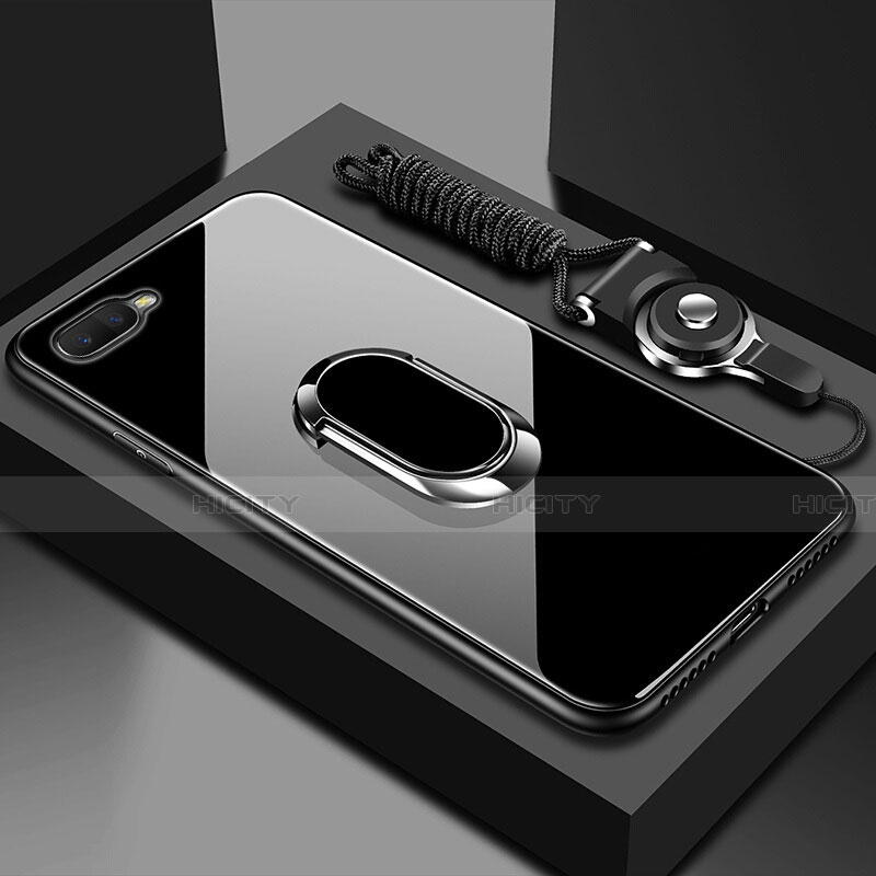 Silikon Schutzhülle Rahmen Tasche Hülle Spiegel mit Magnetisch Fingerring Ständer T02 für Oppo K1 Schwarz