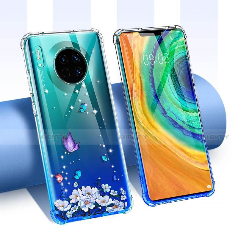Silikon Schutzhülle Ultra Dünn Tasche Durchsichtig Transparent Blumen für Huawei Mate 30 5G Blau