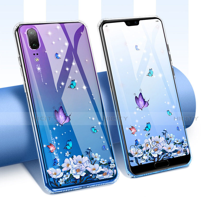 Silikon Schutzhülle Ultra Dünn Tasche Durchsichtig Transparent Blumen T01 für Huawei P20 Blau