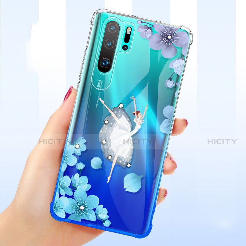Silikon Schutzhülle Ultra Dünn Tasche Durchsichtig Transparent Blumen T01 für Huawei P30 Pro Blau