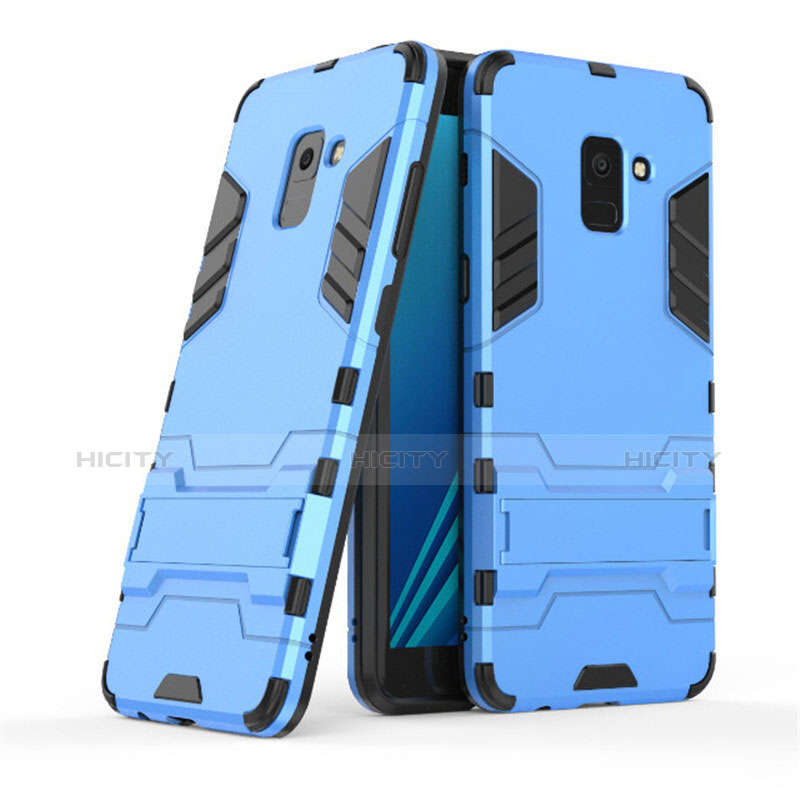 Silikon Schutzhülle und Kunststoff Tasche mit Ständer für Samsung Galaxy A8+ A8 Plus (2018) A730F Blau