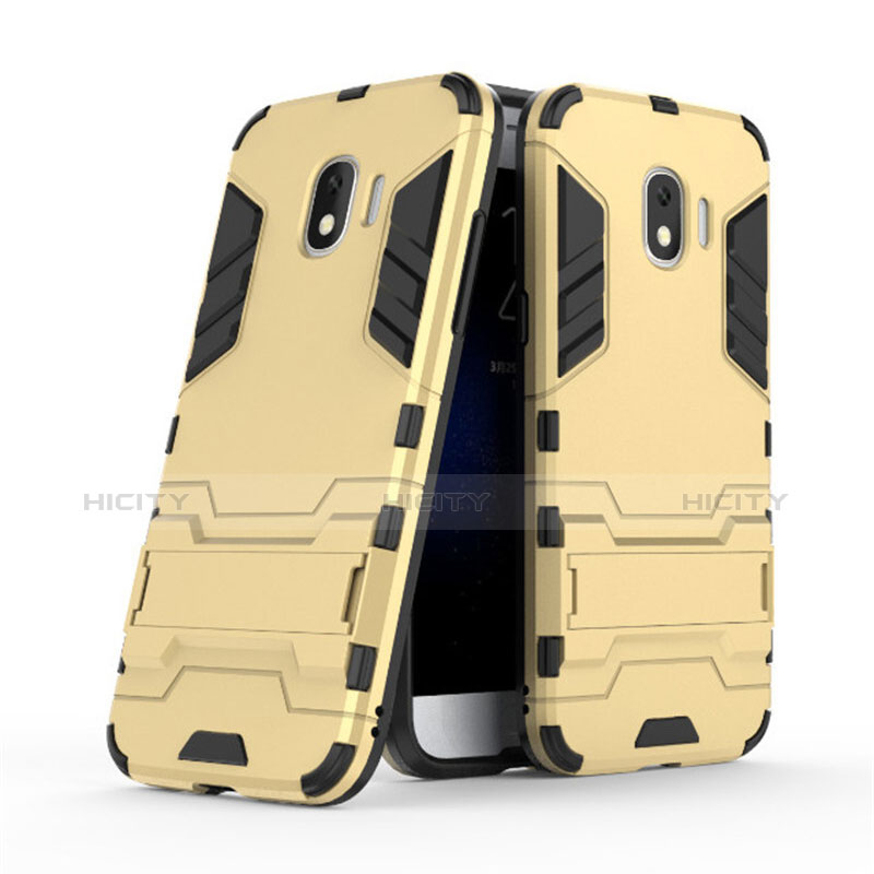 Silikon Schutzhülle und Kunststoff Tasche mit Ständer für Samsung Galaxy Grand Prime Pro (2018) Gold