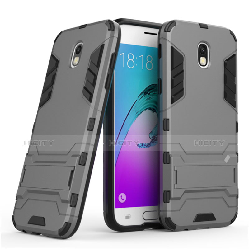 Silikon Schutzhülle und Kunststoff Tasche mit Ständer für Samsung Galaxy J5 (2017) SM-J750F Grau