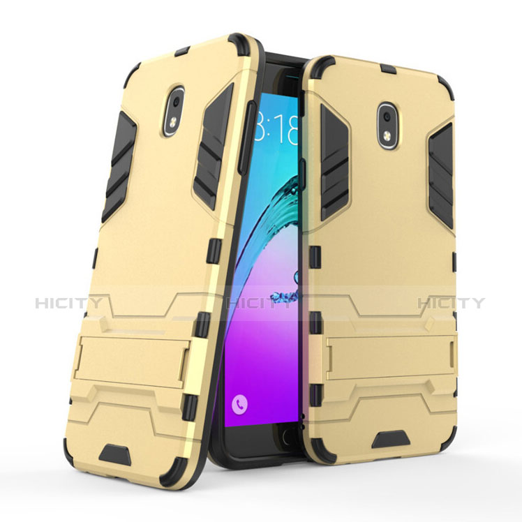 Silikon Schutzhülle und Kunststoff Tasche mit Ständer für Samsung Galaxy J7 (2018) J737 Gold Plus